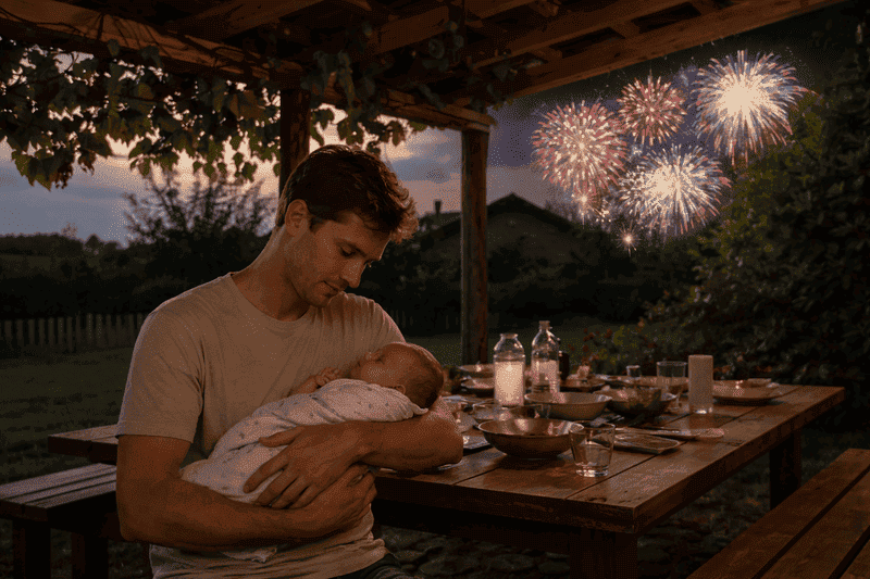 Como proteger o bebê do barulho dos fogos de artifício 2 Imagem de pai segurando bebê calmo e aprendendo como proteger o bebê do barulho dos fogos de artifício