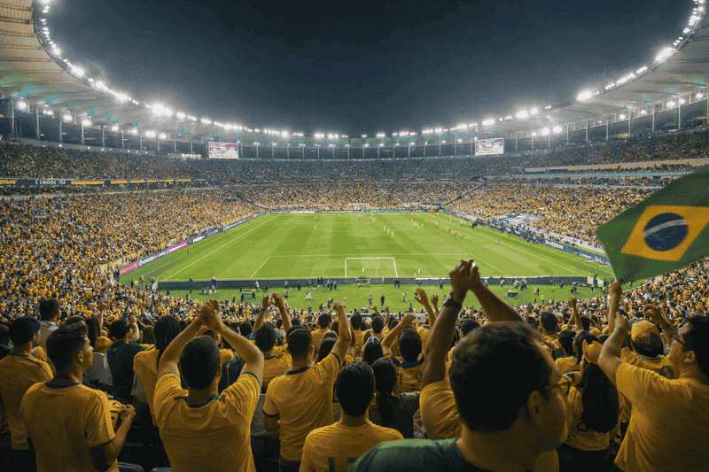 Como funciona a Copa do Mundo sem complicação 4 Estádio cheio com torcida do Brasil comemorando durante um jogo, imagem que mostra como funciona a copa do mundo e a grandiosidade do torneio