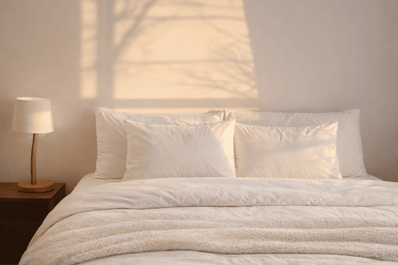 Frequência correta de lavagem de toalhas, lençóis e cobertas 2 Cama com roupa de cama branca e iluminação aconchegante representando a frequência correta de lavagem de toalhas e hábitos de higiene no ambiente doméstico.