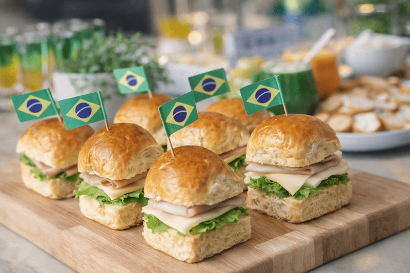 Ideias de petiscos para assistir à Copa 3 petiscos para assistir à Copa com mini sanduíches decorados com bandeiras do Brasil em mesa festiva