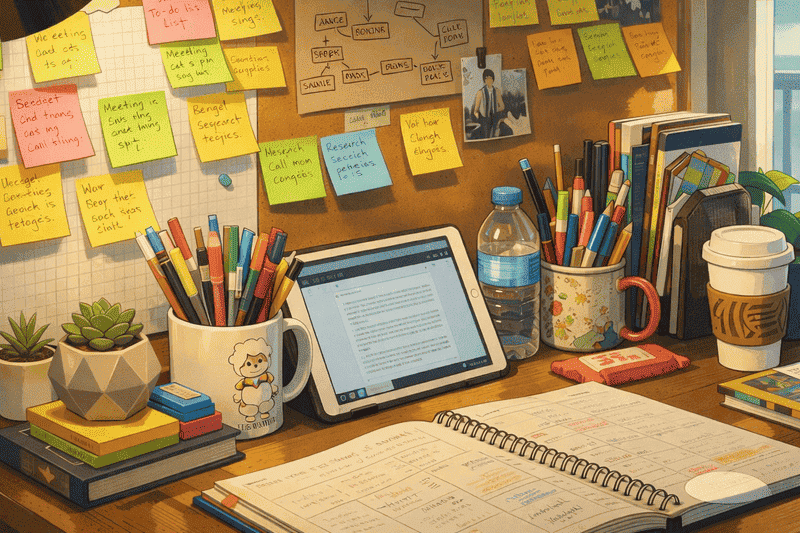 Rotina de estudos no ensino médio sem surtar 3 Mesa de estudos organizada com rotina de estudos no ensino médio, caderno aberto, tablet, livros e post-its de planejamento