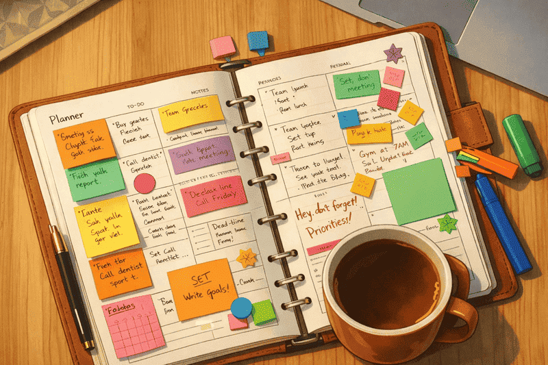 Rotina de estudos no ensino médio sem surtar 2 Planner aberto com rotina de estudos no ensino médio organizada, post-its coloridos e xícara de café sobre a mesa