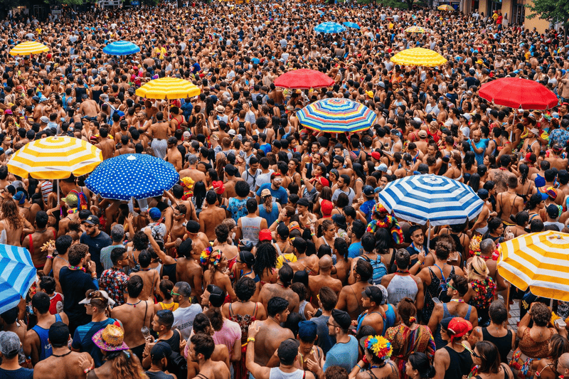 Ideias de fantasia sozinha para o Carnaval 2 multidão em bloco de rua com guarda sois e fantasia sozinha para o Carnaval