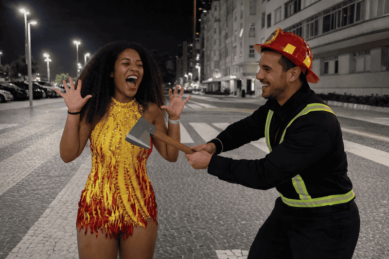 Ideias de fantasias de Carnaval para casal 2 Fantasias de Carnaval para casal com fantasia de bombeiro e fogo em cenário urbano noturno