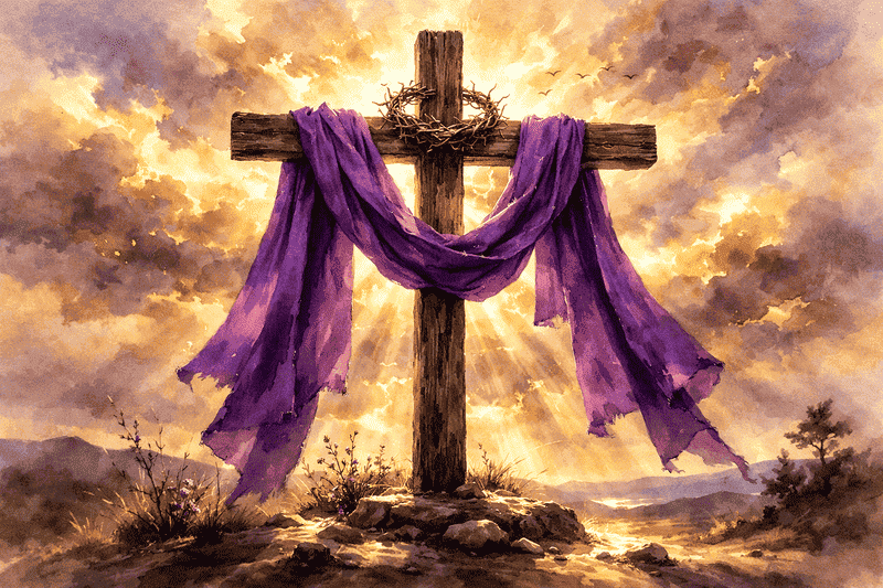 Hábitos para praticar na Quaresma na vida real 2 hábitos para praticar na Quaresma simbolizados por cruz com tecido roxo e luz