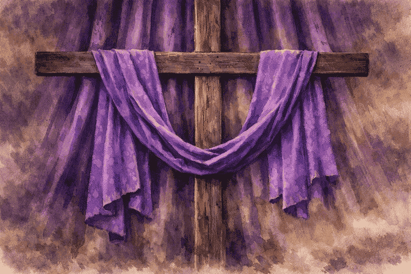 Hábitos para praticar na Quaresma na vida real 3 hábitos para praticar na Quaresma com cruz e tecido roxo em estilo aquarela