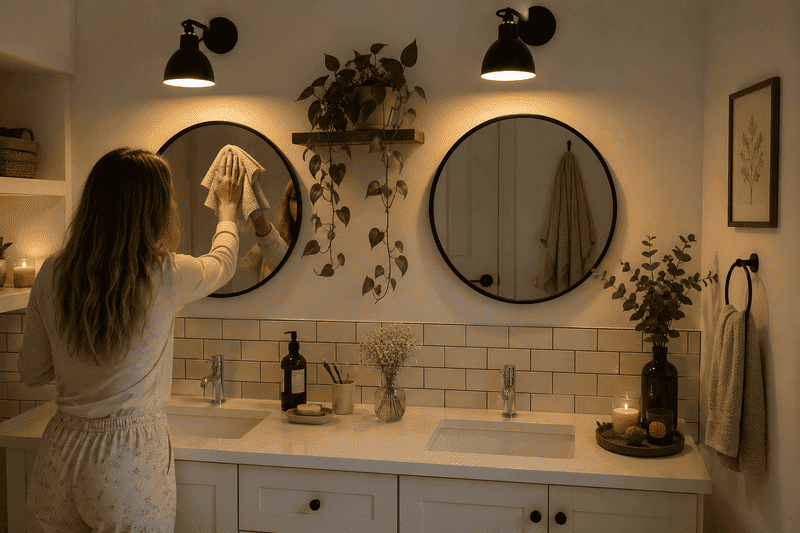 Casa Limpa Todos os Dias: Como Manter a Rotina 3 Banheiro minimalista com espelhos redondos, iluminação aconchegante, plantas pendentes e mulher limpando o espelho. Casa Limpa Todos os Dias