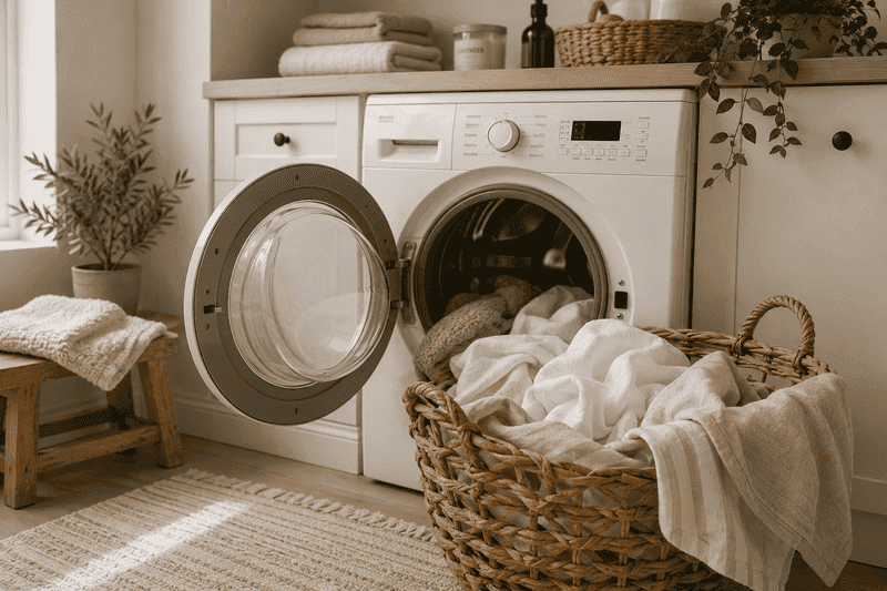 Casa Limpa Todos os Dias: Como Manter a Rotina 2 Lavanderia clara com máquina de lavar aberta, cesta de vime com roupas claras e decoração minimalista em tons bege. Casa Limpa Todos os Dias