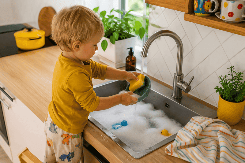 Como deixar a casa organizada mesmo com criança pequena 2 Menina em roupa estampada de limões cortando morangos em uma cozinha iluminada, com decoração delicada e cores naturais. Casa Organizada mesmo com Filhos