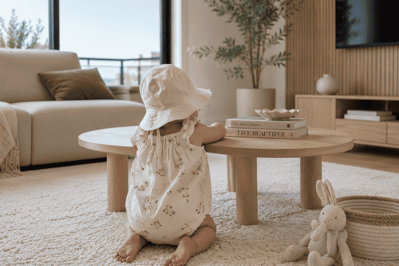 Como adaptar a casa para um bebê ativo 2 Bebê sentado em sala minimalista com móveis de madeira clara mostrando como adaptar a casa para um bebê com segurança e conforto.