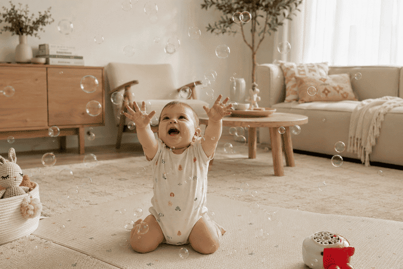Como adaptar a casa para um bebê ativo 3 Bebê brincando com bolhas em sala moderna e segura mostrando como adaptar a casa para um bebê com decoração minimalista e confortável.