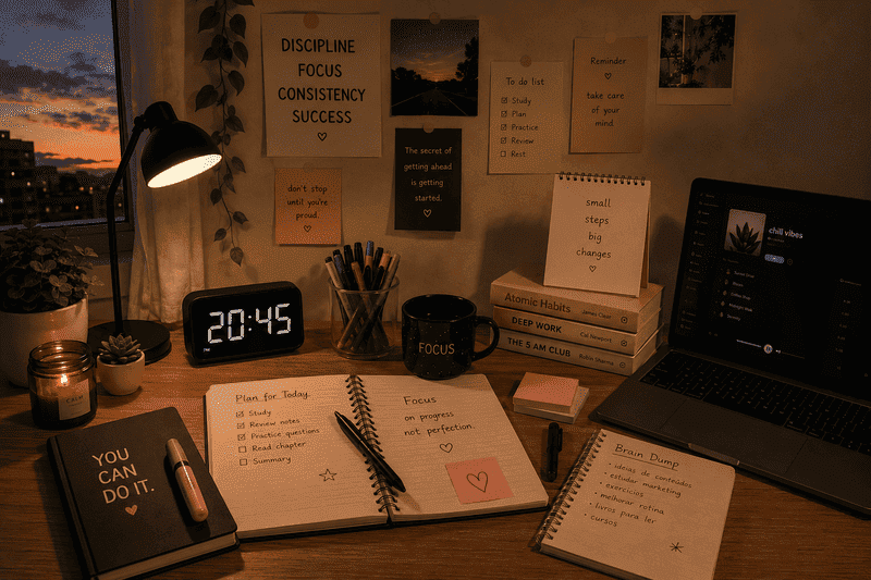Como Estudar Sem Motivação: Um Método Simples 3 Mesa organizada ao entardecer com materiais escolares e decoração inspiradora para estudar sem motivação