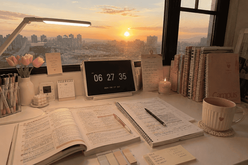 Como Estudar Sem Motivação: Um Método Simples 2 Estudar sem motivação em um setup aconchegante com vista para o pôr do sol, mesa organizada, livros abertos, canetas coloridas e decoração aesthetic.