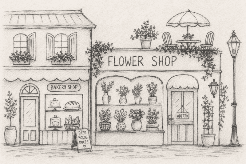 Hobbies criativos para adolescentes tímidas 2 Ilustração minimalista em preto e bege de uma floricultura charmosa ao lado de uma padaria, com vasos de plantas, mesa externa e estilo desenhado à mão, representando hobbies criativos para adolescentes.