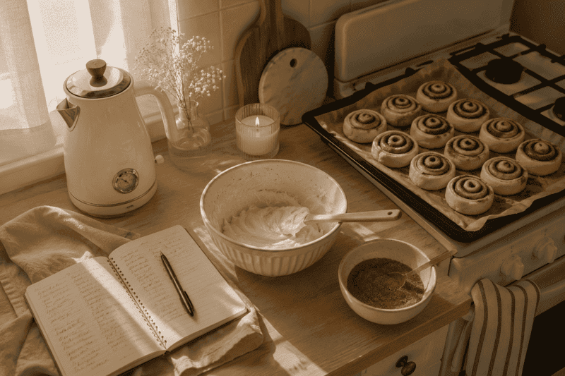 O que fazer com as amigas nas férias dentro e fora de casa 3 O que fazer com as amigas nas férias em uma cozinha aconchegante preparando cinnamon rolls, receitas doces e momentos divertidos juntas.
