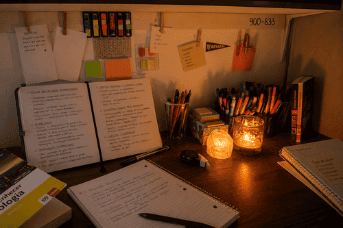 como parar de procrastinar nos estudos 2 Mesa de estudos organizada com planner, livros e materiais escolares relacionada a como parar de procrastinar nos estudos.